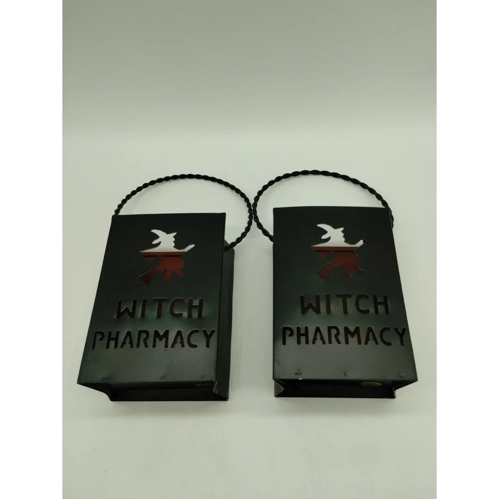 Set Of 2 Black Metal Witch Pharmacy Halloween Votive Candle Holders 4.5